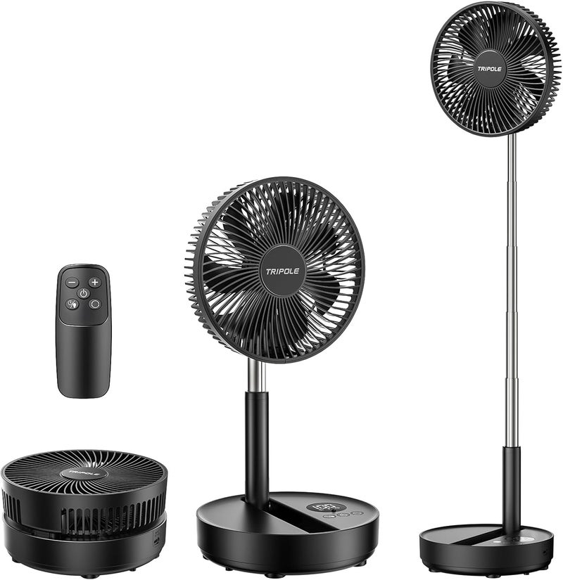 TriPole Portable Standing Fan, 8000mAh Rechargeable Oscillating Fan with Remote, 8.1'' Quiet Pedestal Floor Fan with LED Display & Timer, Foldable Small Desk Fans for Bedroom, Office, Camping, Travel - Image 1